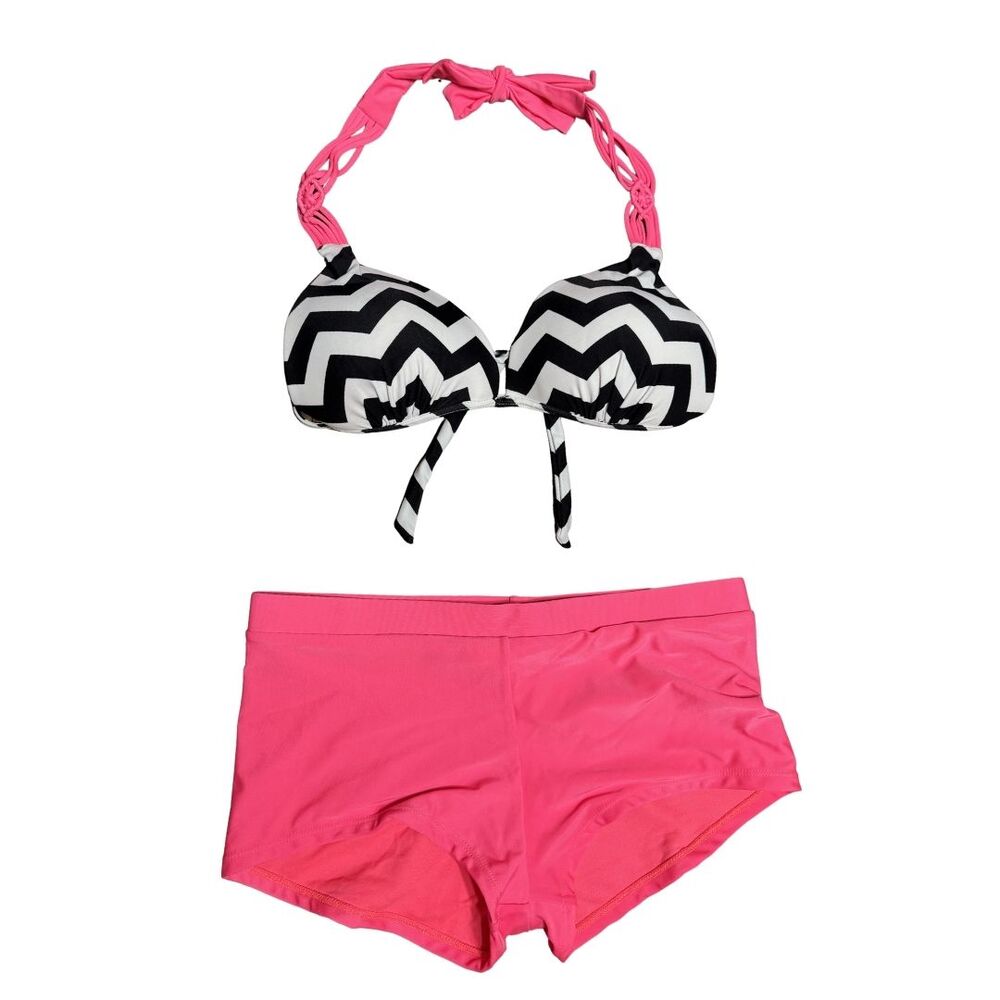 HULA HONEY Bikini Set LARGE Pink Chevron Push Up Halter Boyshort NWT